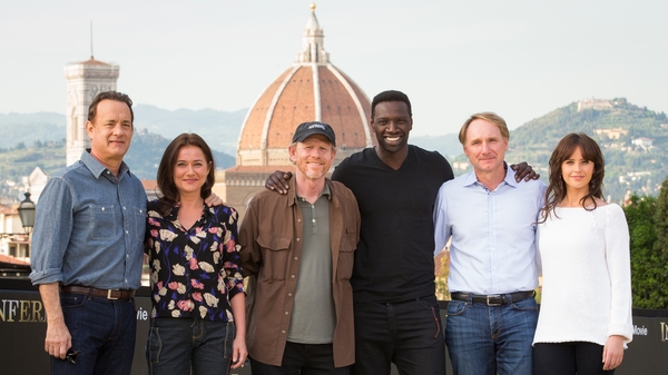L-R Tom Hanks, Sidse Babett Knudsen, Ron Howard, Omar Sy, Dan Brown and Felicity Jones