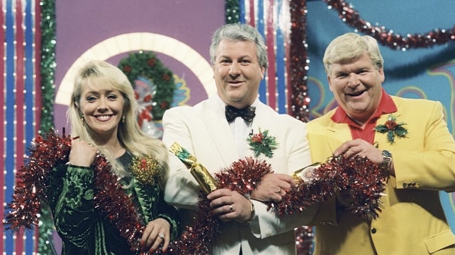 Twink, Ronan Collins and Davis on the Play the Game set during the recording of a Christmas edition of the programme in 1992