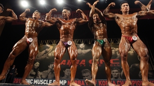Contestants pose during the NABBA WFF Korea Championship in Seoul, South Korea