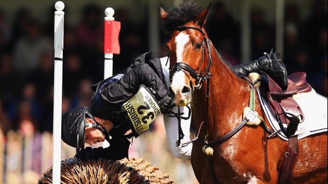 Niklas Bschorer takes a tumble at the Cross-Country Test at the Badminton Horse Trials in Gloucestershire