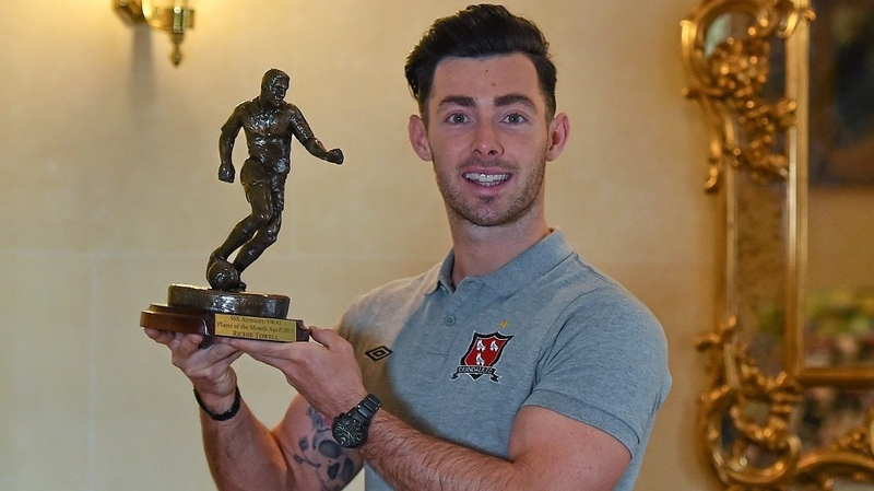 Richie Towell with his award for April, the third time the Dundalk player has won the award
