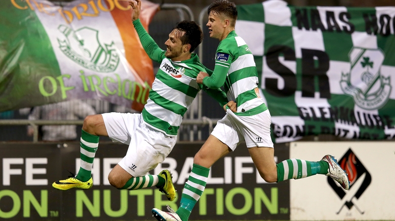 Maxime Blanchard celebrates scoring Shamrock Rovers' second goal of the game with Luke Byrne