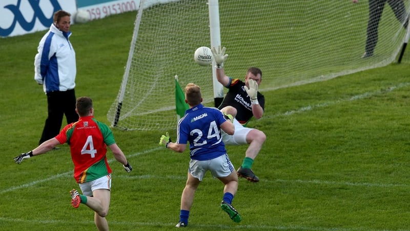 Tom Shiel scores Laois' third goal at Dr Cullen Park