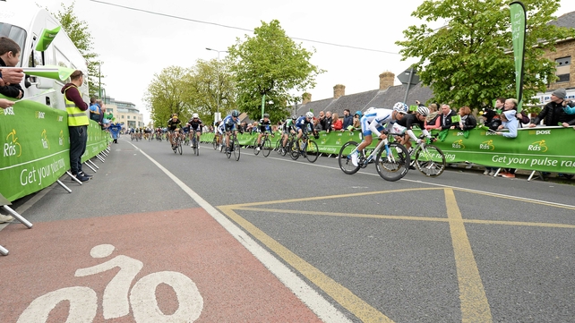 The riders racing towards the finish line in Carlow
