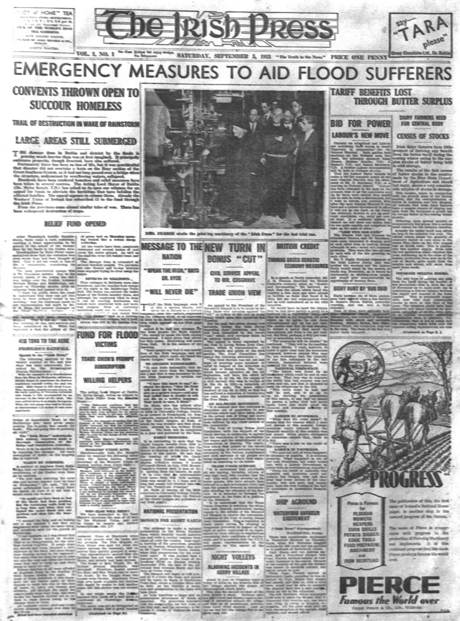 The first edition of the Irish Press, partly funded by the money raised by De Valera in the U.S.