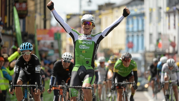 An Post Chain Reaction's Aaron Gate celebrates after winning stage two of the An Post Rás