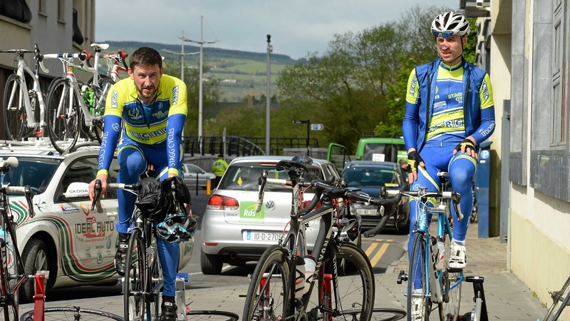 Ronan Killeen, left, and Peter Kirwan (both Lucan Stagg Cycles) warm-up before stage 2
