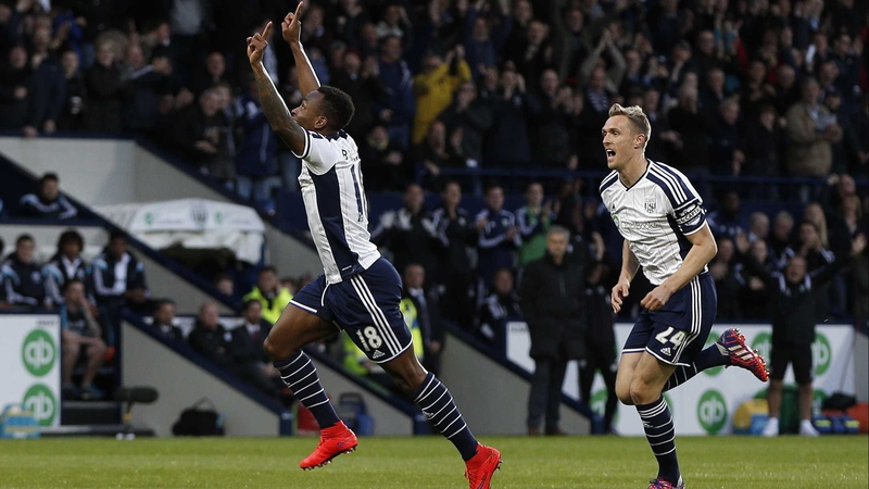 Saido Berahino celebrates the first of his two goals at The Hawthorns