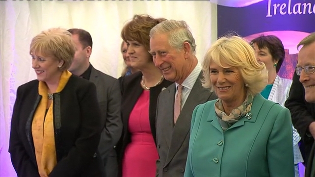 Charles and Camilla are greeted by a number of Irish dancers at NUI Galway
