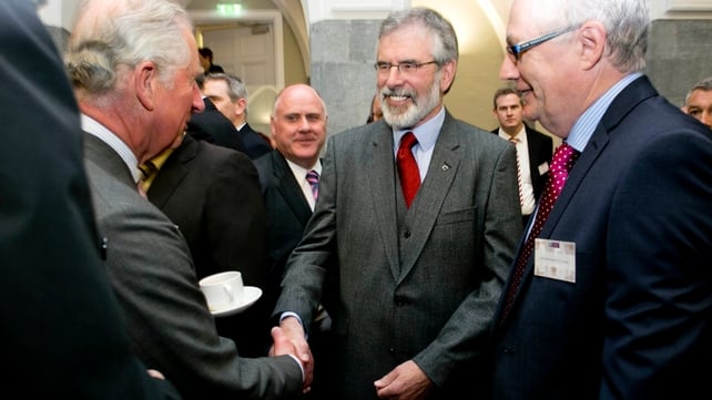 Prince Charles shakes hands with Gerry Adams at NUI Galway