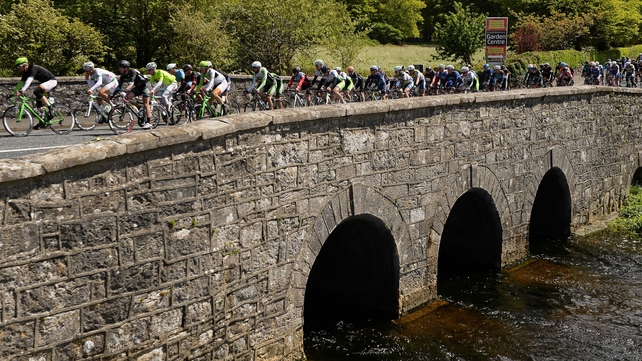A view of the peloton as they make their way through Clarinbridge, Co Galway