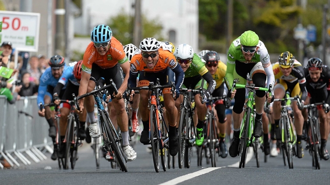 Matteo Malucelli (Team IDEA), centre, times his sprint finish...