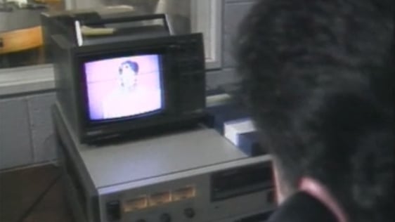 Gerry Murray a technician in the Sligo studios sends pictures from a video tape to Dublin electroni…