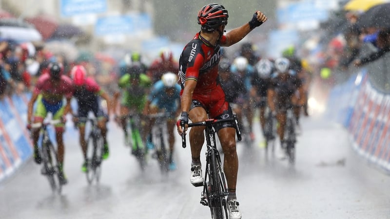 Philippe Gilbert of the BMC team celebrates as he crosses the finish line