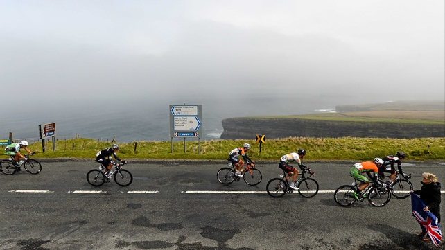 The stage leaders go past the Ceide Fields in Ballycastle