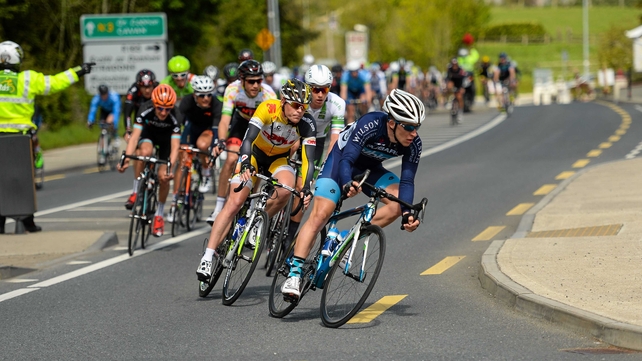 Morgan Smith, Team Subaru-Albion, leads the peloton outside of Cavan Town