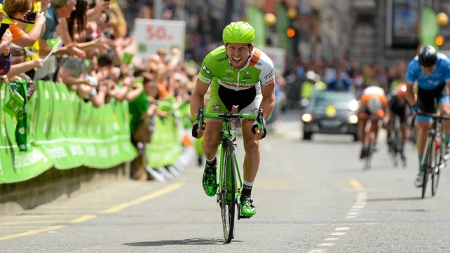 Stage winner Andreas Mueller, Hrinkow Advarics Cycling, crosses the finishing line in Drogheda