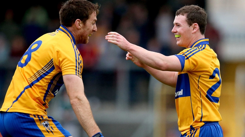 Clare’s Gary Brennan celebrates with Davy O’Halloran at the final whistle