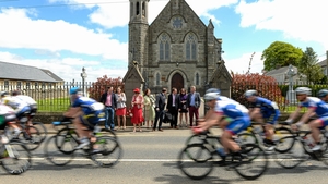 The leading group, led by Luke Grivell-Mellor, JLT Condor, races through Curragha, Co. Meath.