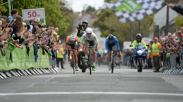 Aidis Kruopis, An Post Chain Reaction, centre, sprints to the line to win Stage 8.