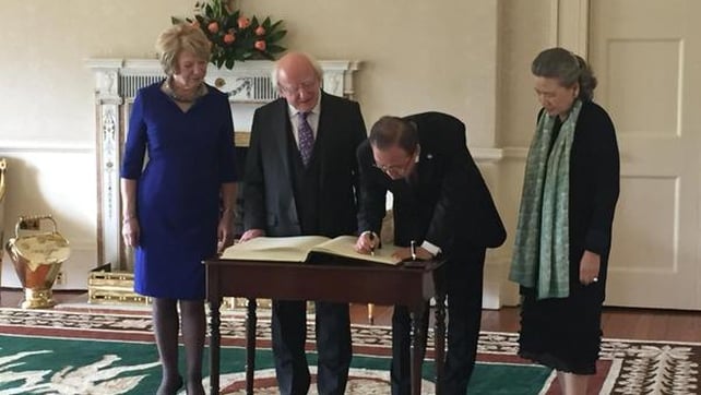 Mr Ban and his wife meet President Michael D Higgins and Sabina Higgins in Áras an Uachtaráin