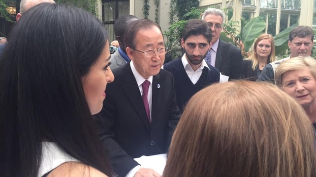 Mr Ban and Ms Fitzgerald meet refugees who have resettled in Ireland