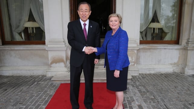 Mr Ban shakes hands with Minister for Justice Frances Fitzgerald at Farmleigh House in Dublin