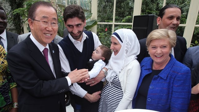Mr Ban and Ms Fitzgerald meet Ayman and Amouneh Halnan from Syria and their baby Abib at Farmleigh House