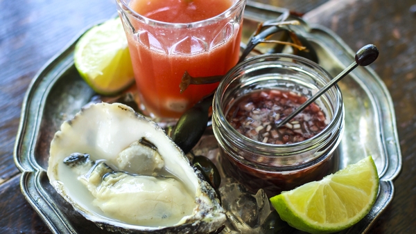 Bloody Mary Oyster Shooters with Raw Oysters and a
