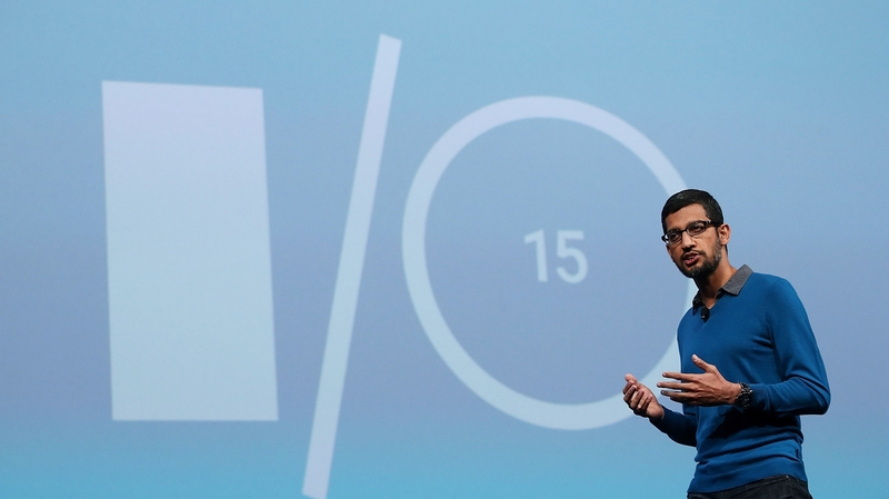 Google senior vice president of product Sundar Pichai delivers the keynote during the 2015 Google I/O conference