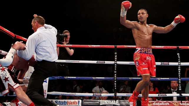 Kell Brook celebrates defeating Frankie Gavin at the O2 Arena in London