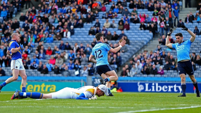 Diarmuid Connolly celebrates scoring Dublin's opening goal against Longford in the Leinster football quarter-final
