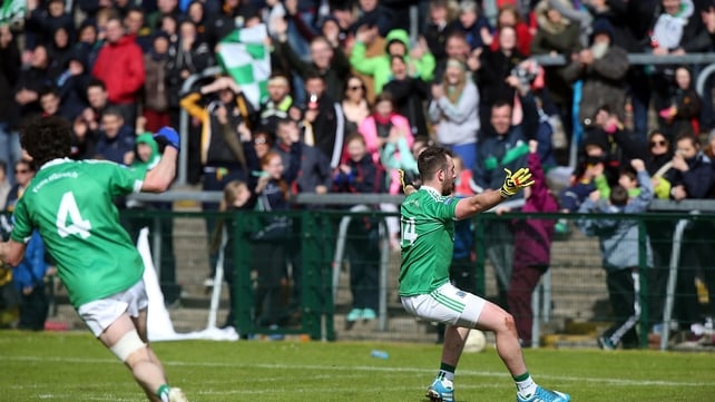Sean Quigley celebrates scoring from the penalty spot against Antrim in the Ulster football quarter-final