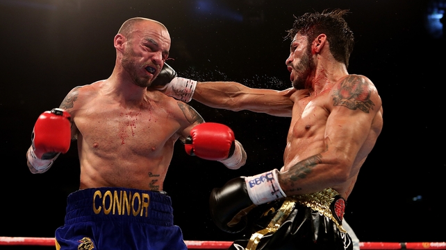 Kevin Mitchell and Jorge Linares exchange blows during their WBC World Lightweight Championship bout at The O2 Arena, London