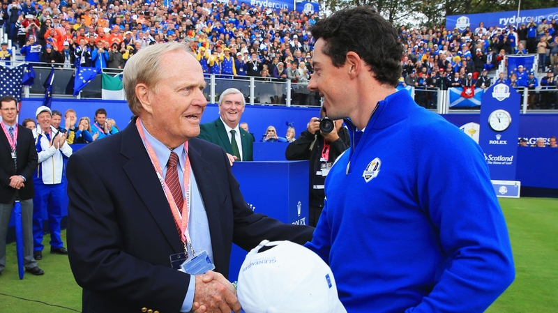Jack Nicklaus and Rory McIlroy shake hands at last year's Ryder Cup