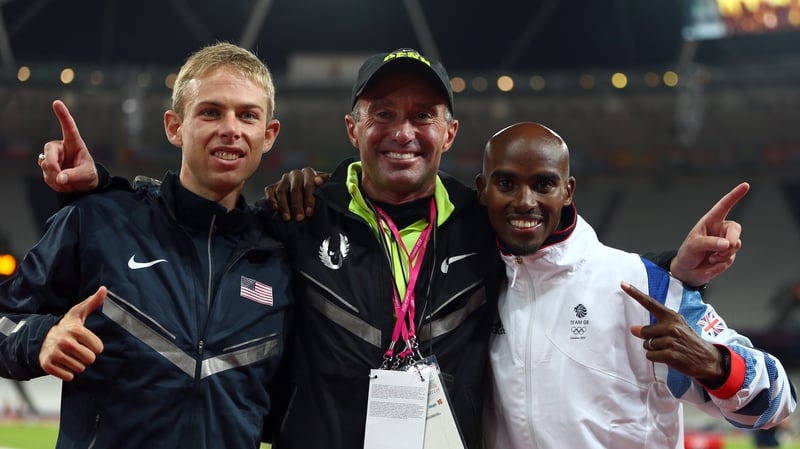 Mo Farah (R) celebrates winning the 10,000m Olympic gold in 2012 with silver medallist Galen Rupp and coach Alberto Salazar