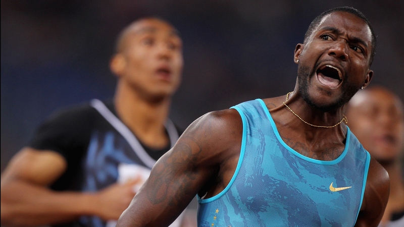 Justin Gatlin shows his delight at the finish line