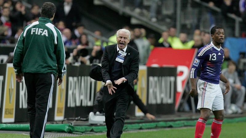 An animated Giovanni Trapattoni reacts during the the play-off second leg against France