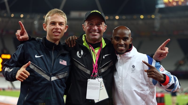 Alberto Salazar (centre) with his athletes Galen Rupp (left) and Mo Farah (right)