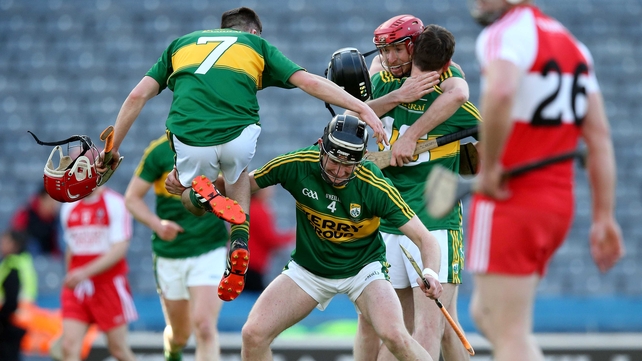 Kerry's Keith Carmody and Bryan Murphy celebrate at the final whistle after they won the Christy Ring Cup