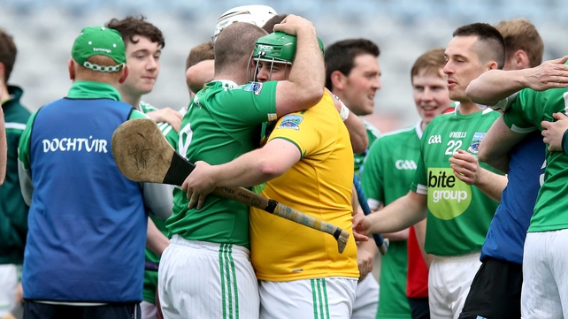 Fermanagh's John Duffy and Mark Curry celebrate after winning the Lory Meagher Cup final