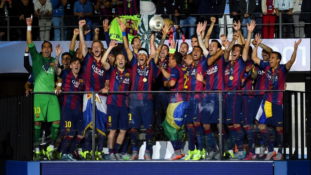 Barcelona players celebrate their 3-1 win over Juventus in the Champions League final in Berlin