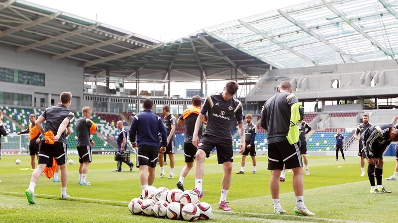 The Northern Ireland squad training at the under-construction Windsor Park