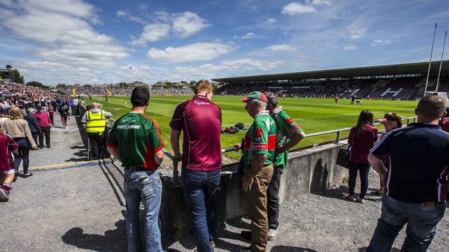 Mayo and Galway fans mingle ahead of their Connacht SFC tie in Salthill