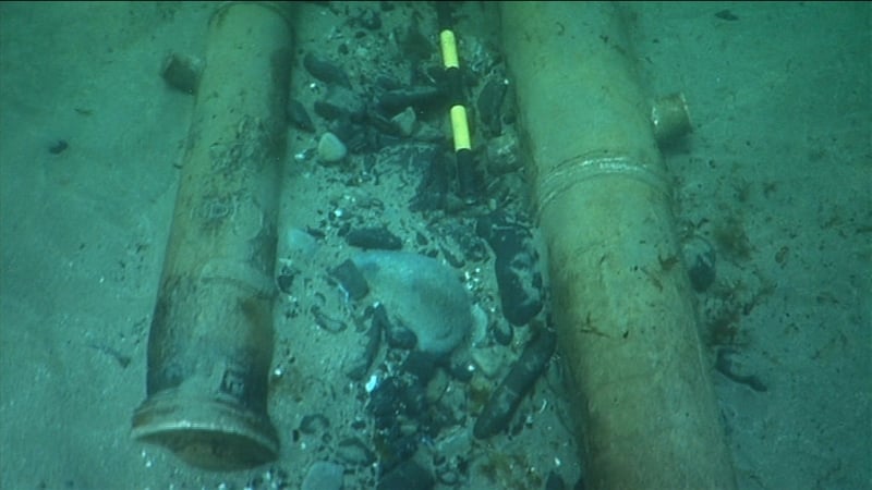 Relics from a merchant vessel were found on the seabed after timbers from the exposed wreck began washing ashore in April