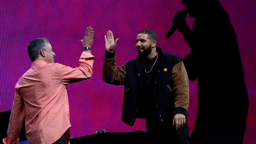 Drake and Apple senior vice-president of Internet Software Eddy Cue at the launch of Apple Music in June