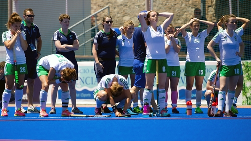 The Ireland women's hockey team react to their penalty shootout defeat to China