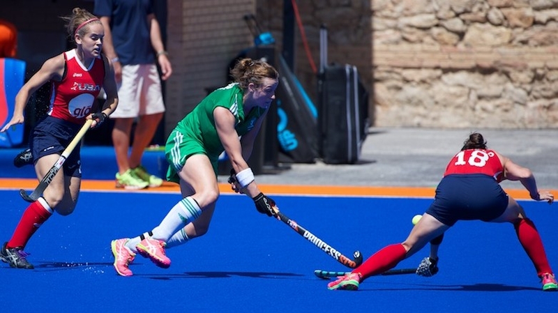 Megan Frazer in the thick of the action against USA in Valencia