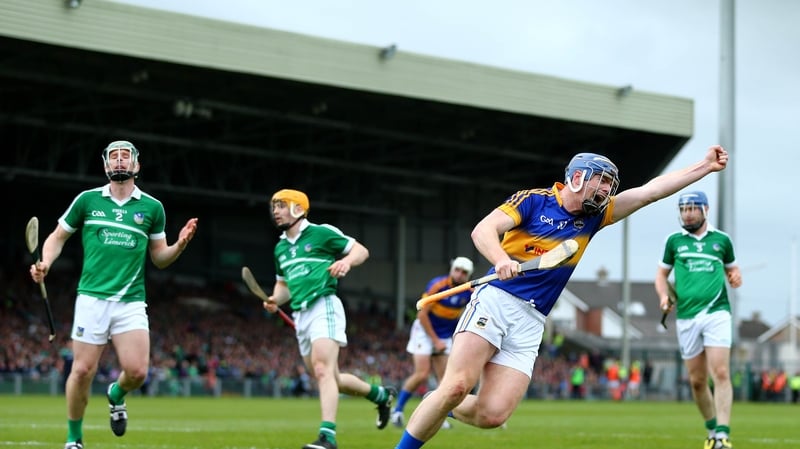 Jason Forde celebrates after finding the net at the Gaelic Grounds