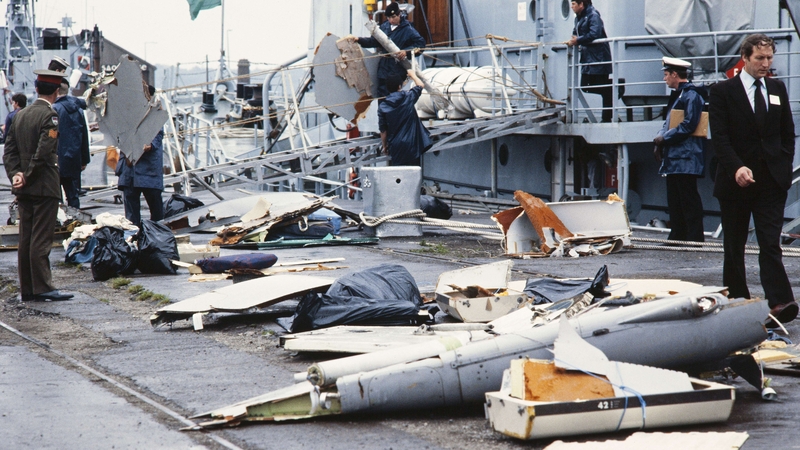 Irish naval authorities bringing debris ashore from the Air India Boeing 747 in Cork in 1985